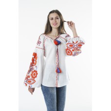 Boho Style Ukrainian Embroidered Folk  Blouse "Boho Birds" orange on white